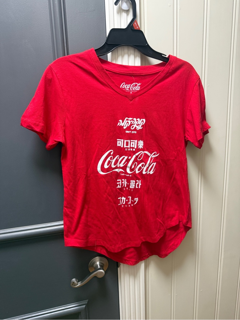 Coca Cola Red V-Neck Tee with White Multilingual Logo